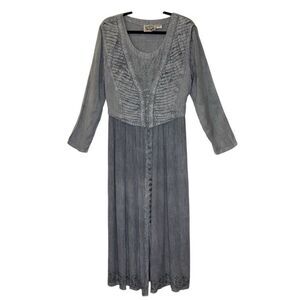 Vintage 24 Karat Gray Acid Wash Long Slv Embroidered Maxi Dress Sz S Bohemian